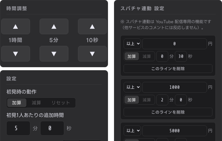 時間調整・設定パネルの隣にスパチャ連動の金額ライン設定カードが表示された状態